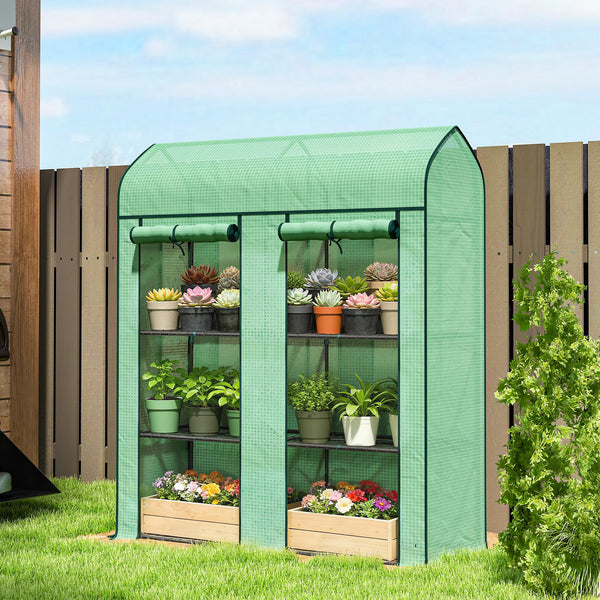 3 Tier Mini Greenhouse, 56.3" x 18.1" x 65" Small Portable Greenhouse with 2 Roll-up Doors, Garden Plant Growhouse with PE Cover for Indoor Outdoor, Green