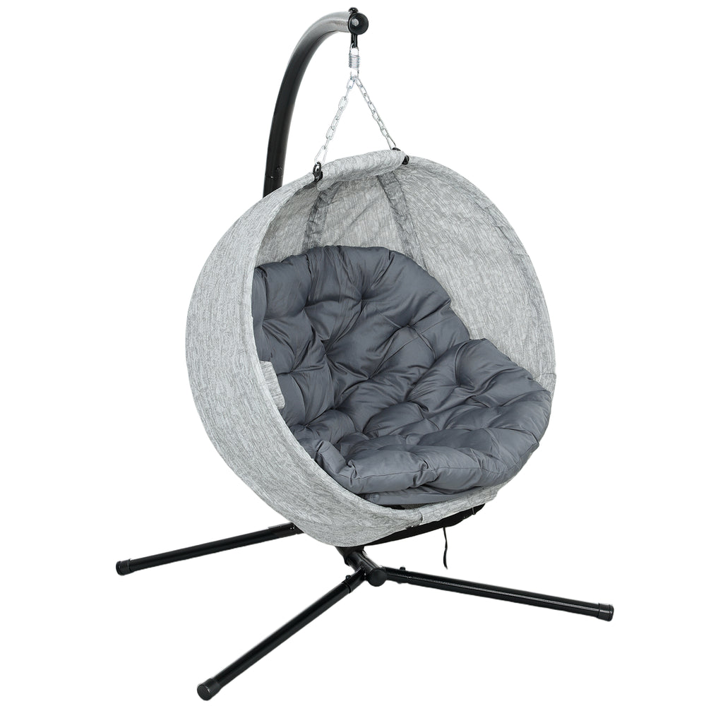 Hanging Egg Chair Outdoor Indoor Swing Chair with Stand and Folding Basket, Egg Hammock Chair with Thickened Cushion, Cup Holder for Patio, Garden, Balcony, Grey