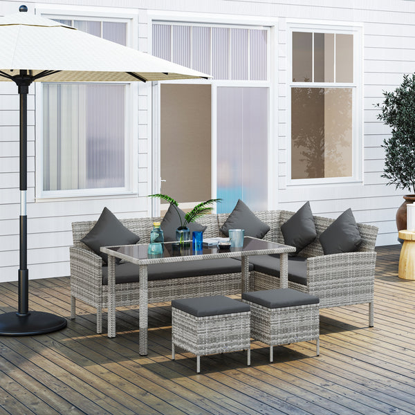 5 Pieces Rattan Garden Furniture Set, 6 Seater Wicker Dining Set, Corner Garden Sofa Outdoor Furniture Set with Glass Top Table, Footstool and Cushions for Patio, Dark Grey