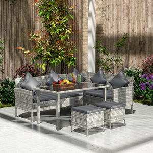 5 Pieces Rattan Garden Furniture Set, 6 Seater Wicker Dining Set, Corner Garden Sofa Outdoor Furniture Set with Glass Top Table, Footstool and Cushions for Patio, Dark Grey