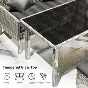 5 Pieces Rattan Garden Furniture Set, 6 Seater Wicker Dining Set, Corner Garden Sofa Outdoor Furniture Set with Glass Top Table, Footstool and Cushions for Patio, Dark Grey