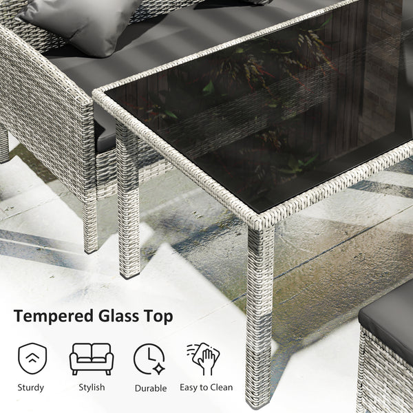 5 Pieces Rattan Garden Furniture Set, 6 Seater Wicker Dining Set, Corner Garden Sofa Outdoor Furniture Set with Glass Top Table, Footstool and Cushions for Patio, Dark Grey