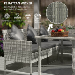5 Pieces Rattan Garden Furniture Set, 6 Seater Wicker Dining Set, Corner Garden Sofa Outdoor Furniture Set with Glass Top Table, Footstool and Cushions for Patio, Dark Grey