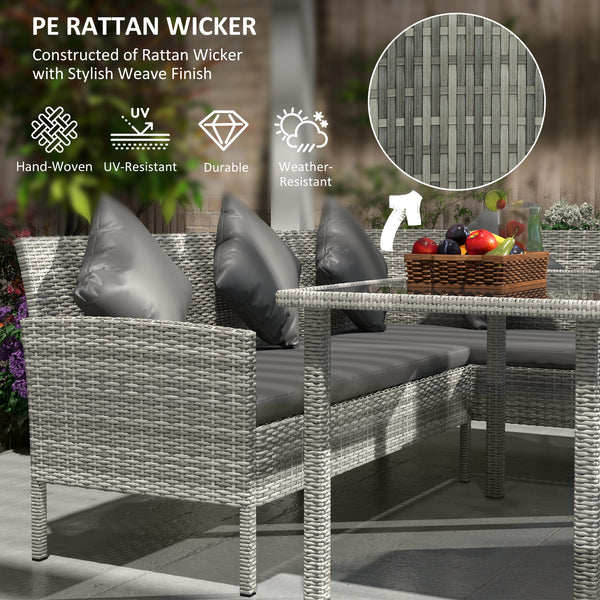 5 Pieces Rattan Garden Furniture Set, 6 Seater Wicker Dining Set, Corner Garden Sofa Outdoor Furniture Set with Glass Top Table, Footstool and Cushions for Patio, Dark Grey