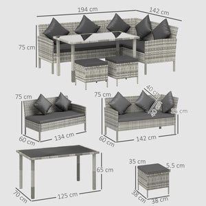 5 Pieces Rattan Garden Furniture Set, 6 Seater Wicker Dining Set, Corner Garden Sofa Outdoor Furniture Set with Glass Top Table, Footstool and Cushions for Patio, Dark Grey