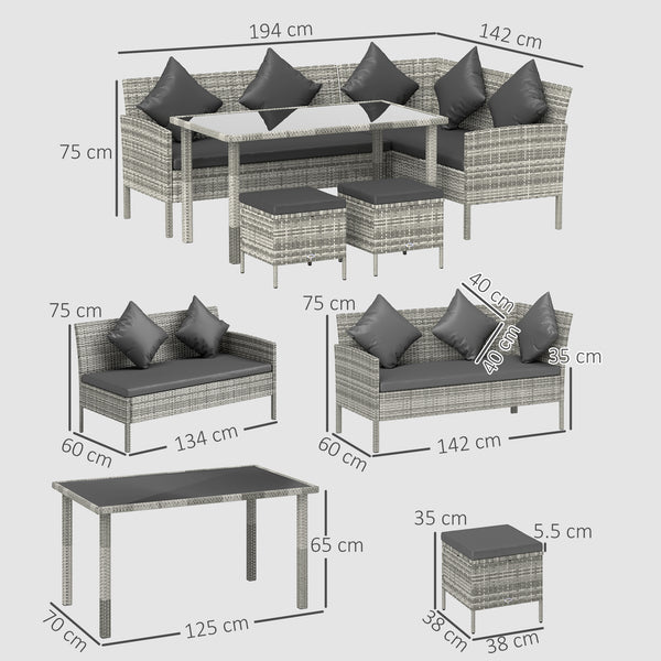 5 Pieces Rattan Garden Furniture Set, 6 Seater Wicker Dining Set, Corner Garden Sofa Outdoor Furniture Set with Glass Top Table, Footstool and Cushions for Patio, Dark Grey