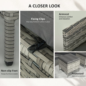 5 Pieces Rattan Garden Furniture Set, 6 Seater Wicker Dining Set, Corner Garden Sofa Outdoor Furniture Set with Glass Top Table, Footstool and Cushions for Patio, Dark Grey