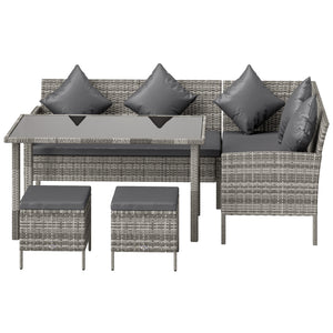 5 Pieces Rattan Garden Furniture Set, 6 Seater Wicker Dining Set, Corner Garden Sofa Outdoor Furniture Set with Glass Top Table, Footstool and Cushions for Patio, Dark Grey
