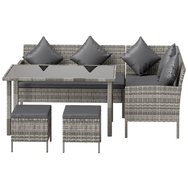5 Pieces Rattan Garden Furniture Set, 6 Seater Wicker Dining Set, Corner Garden Sofa Outdoor Furniture Set with Glass Top Table, Footstool and Cushions for Patio, Dark Grey