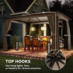 10' x 12' Outdoor Patio Gazebo, Soft Top Gazebo Canopy Shelter with Double Roof, Curtains, Netting, Steel Frame, UPF30+ Protection, Ceiling Hooks for Lawn, Backyard, Deck, Khaki