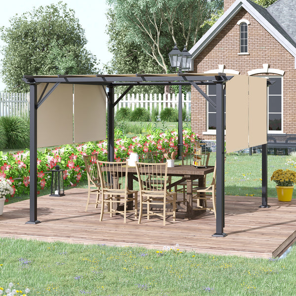 Outsunny 12' x 10' Outdoor Retractable Pergola Canopy with Sun Shade Unique Design Canopy Patio Metal Shelter for Garden Porch Beach, Beige