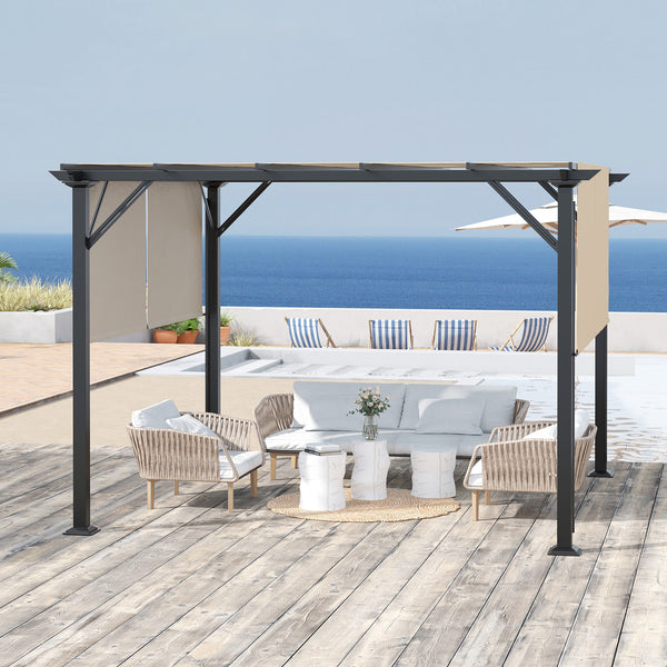 Outsunny 12' x 10' Outdoor Retractable Pergola Canopy with Sun Shade Unique Design Canopy Patio Metal Shelter for Garden Porch Beach, Beige