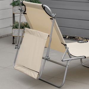 Outdoor Lounge Chair, Adjustable Folding Chaise Lounge, Tanning Chair with Sun Shade for Beach, Camping, Hiking, Backyard, Beige