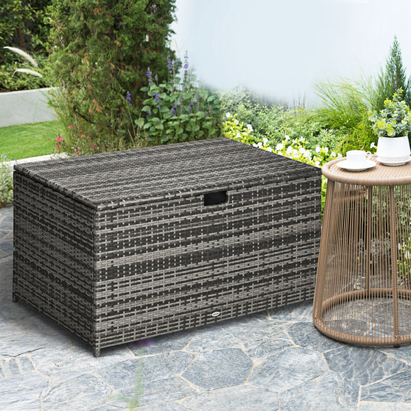 Outsunny 113 Gallon Deck Box, Rattan Outdoor Storage Box, Waterproof Storage Container for Indoor, Patio Furniture Cushions, Pool Supplies, Garden Tools, Dark Gray