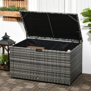 Outsunny 113 Gallon Deck Box, Rattan Outdoor Storage Box, Waterproof Storage Container for Indoor, Patio Furniture Cushions, Pool Supplies, Garden Tools, Dark Gray