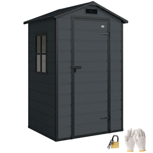 4' x 3' Plastic Garden Shed with Floor, Outdoor Storage Shed with Lockable Door, Window and Vent for Backyard, Patio, Garage, Lawn, Dark Grey
