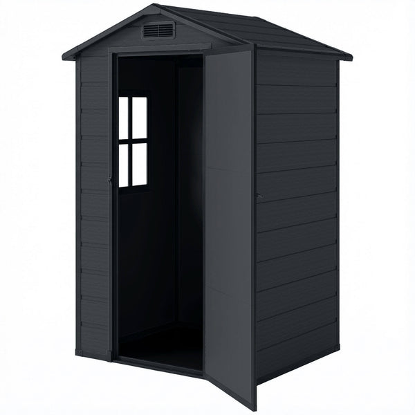 4' x 3' Plastic Garden Shed with Floor, Outdoor Storage Shed with Lockable Door, Window and Vent for Backyard, Patio, Garage, Lawn, Dark Grey