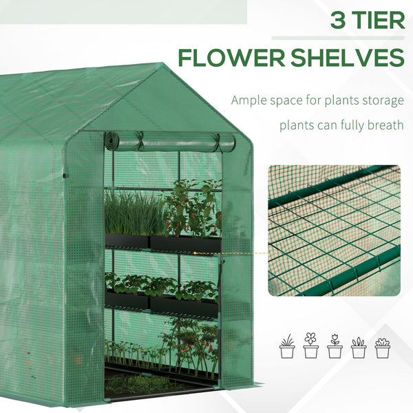 Outsunny 7' x 5' x 6' Walk-in Greenhouse for Outdoors with Mesh Door, 18 Shelf Hot House with Trellis, Plant Labels, UV Protective for Growing Flowers, Herbs, Vegetables, Saplings, Green