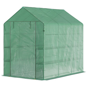 Outsunny 7' x 5' x 6' Walk-in Greenhouse for Outdoors with Mesh Door, 18 Shelf Hot House with Trellis, Plant Labels, UV Protective for Growing Flowers, Herbs, Vegetables, Saplings, Green