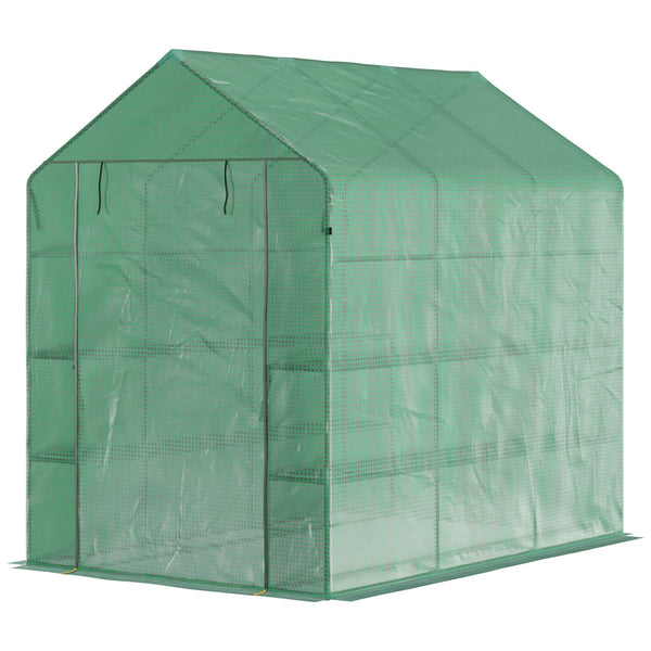 Outsunny 7' x 5' x 6' Walk-in Greenhouse for Outdoors with Mesh Door, 18 Shelf Hot House with Trellis, Plant Labels, UV Protective for Growing Flowers, Herbs, Vegetables, Saplings, Green