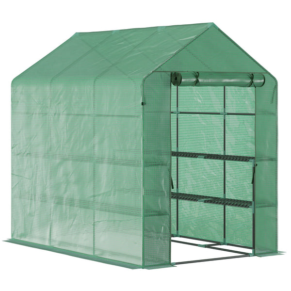 Outsunny 7' x 5' x 6' Walk-in Greenhouse for Outdoors with Mesh Door, 18 Shelf Hot House with Trellis, Plant Labels, UV Protective for Growing Flowers, Herbs, Vegetables, Saplings, Green