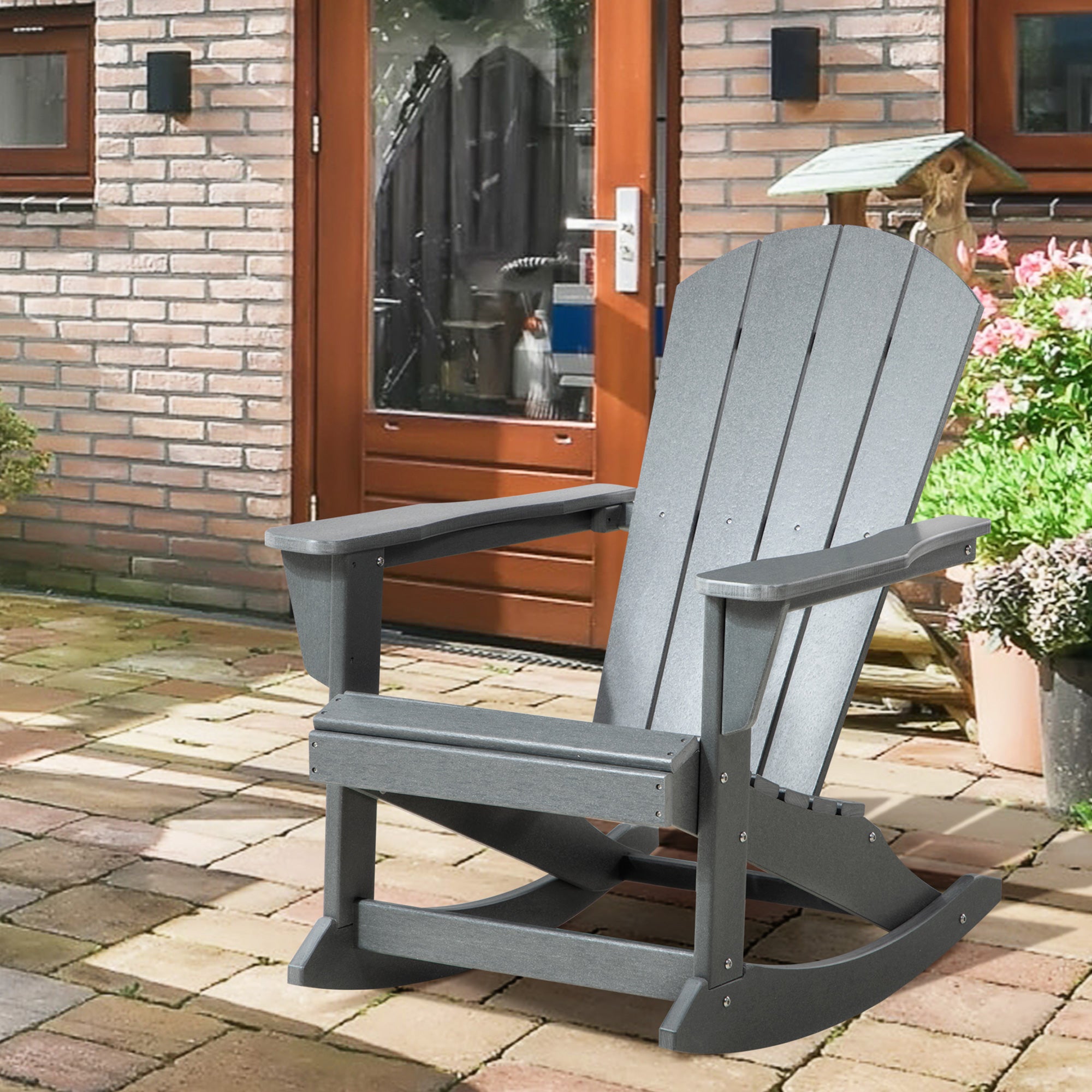 Outsunny HDPE Adirondack Rocking Chair for Porch Garden, Light Gray