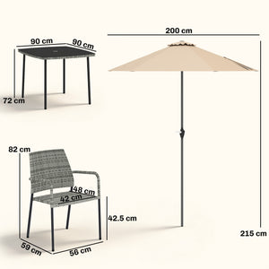 4 Seater Rattan Dining Set with Parasol, 6 Piece Garden Table and Stackable Chairs with Tempered Glass Tabletop, All-Weather Outdoor Rattan Furniture Set for Patio, Light Grey