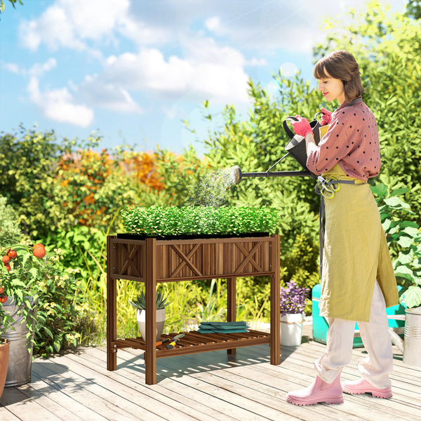 Wooden Raised Garden Bed, Elevated Planter Box with Storage Shelf, Drainage Holes and Liner for Backyard, Patio, Balcony, 34" x 18" x 30", Carbonized