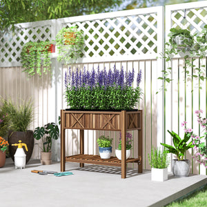 Wooden Raised Garden Bed, Elevated Planter Box with Storage Shelf, Drainage Holes and Liner for Backyard, Patio, Balcony, 34" x 18" x 30", Carbonized