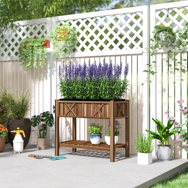 Wooden Raised Garden Bed, Elevated Planter Box with Storage Shelf, Drainage Holes and Liner for Backyard, Patio, Balcony, 34" x 18" x 30", Carbonized