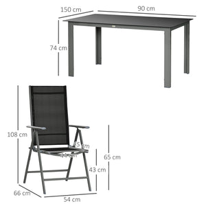 7 Piece Garden Dining Set, Outdoor Table and 6 Folding and Reclining Chairs, Aluminium Frame, Tempered Glass Top Table, Texteline Seats, Black