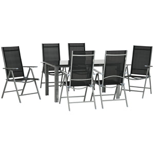 7 Piece Garden Dining Set, Outdoor Table and 6 Folding and Reclining Chairs, Aluminium Frame, Tempered Glass Top Table, Texteline Seats, Black