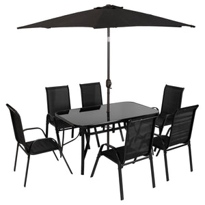 Outsunny 8 Pieces Patio Table and Chairs Set with 9 Ft Patio Umbrella, Outdoor Dining Set with 4.5 Ft Dining Table and 6 Chairs, Push Button Tilt and Crank Parasol, Tempered Glass Top, Mixed Brown