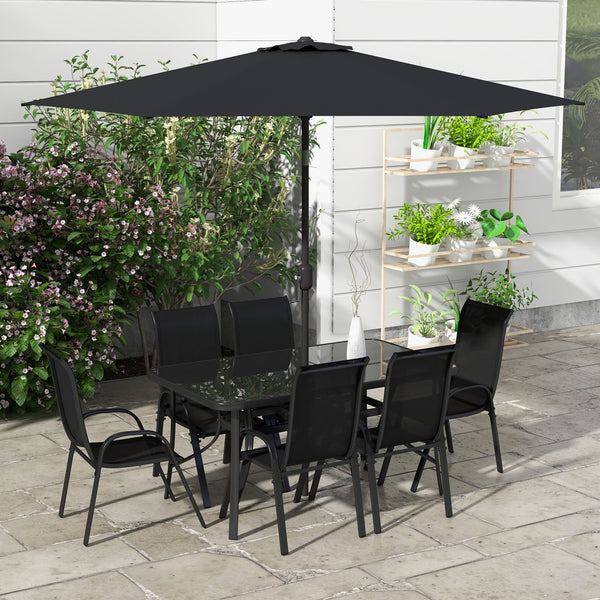 Outsunny 8 Pieces Patio Table and Chairs Set with 9 Ft Patio Umbrella, Outdoor Dining Set with 4.5 Ft Dining Table and 6 Chairs, Push Button Tilt and Crank Parasol, Tempered Glass Top, Mixed Brown