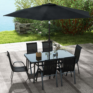 Outsunny 8 Pieces Patio Table and Chairs Set with 9 Ft Patio Umbrella, Outdoor Dining Set with 4.5 Ft Dining Table and 6 Chairs, Push Button Tilt and Crank Parasol, Tempered Glass Top, Mixed Brown