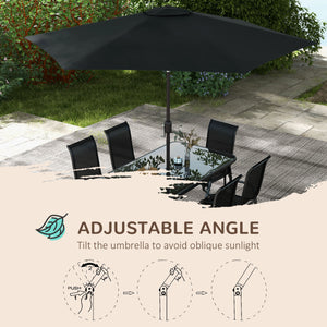 Outsunny 8 Pieces Patio Table and Chairs Set with 9 Ft Patio Umbrella, Outdoor Dining Set with 4.5 Ft Dining Table and 6 Chairs, Push Button Tilt and Crank Parasol, Tempered Glass Top, Mixed Brown