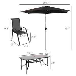 Outsunny 8 Pieces Patio Table and Chairs Set with 9 Ft Patio Umbrella, Outdoor Dining Set with 4.5 Ft Dining Table and 6 Chairs, Push Button Tilt and Crank Parasol, Tempered Glass Top, Mixed Brown