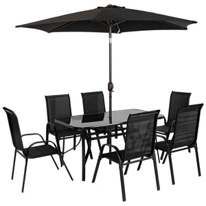 Outsunny 8 Pieces Patio Table and Chairs Set with 9 Ft Patio Umbrella, Outdoor Dining Set with 4.5 Ft Dining Table and 6 Chairs, Push Button Tilt and Crank Parasol, Tempered Glass Top, Mixed Brown