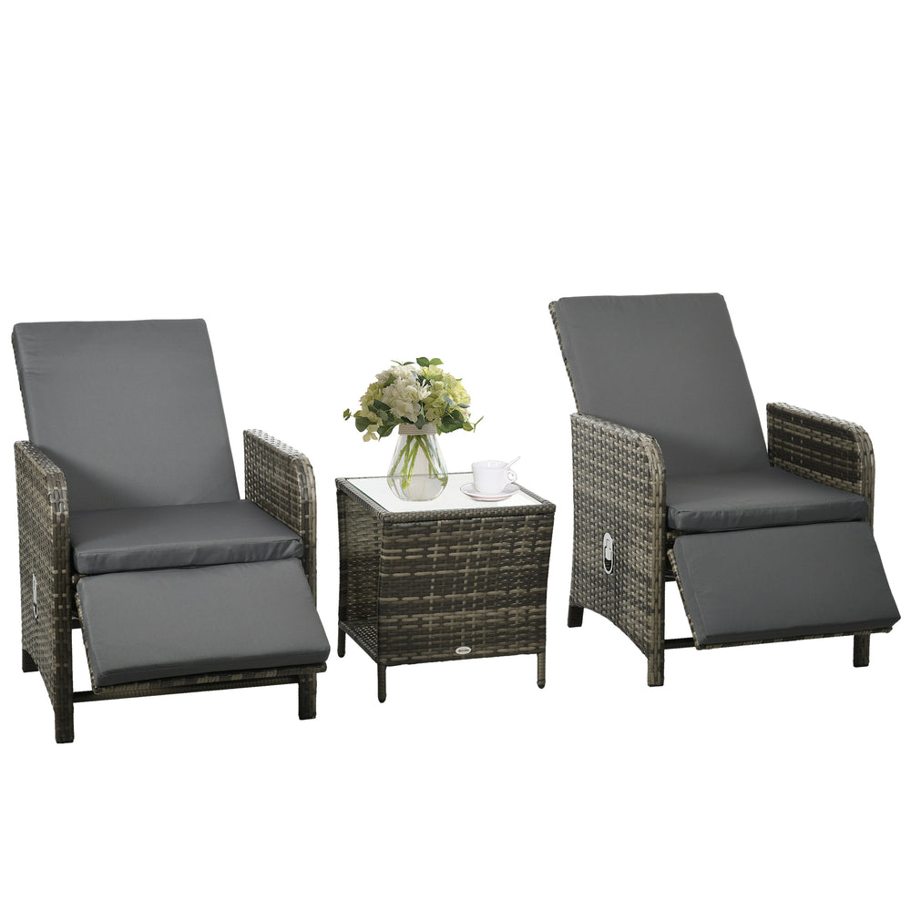 3 Pieces Garden Rattan Bistro Set with Adjustable Backrest, Balcony Conversation Furniture Set with 2 Armchairs Tempered Glass Coffee Table, Cushions, Storage Function - Mix-Grey