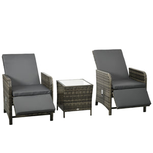 3 Pieces Garden Rattan Bistro Set with Adjustable Backrest, Balcony Conversation Furniture Set with 2 Armchairs Tempered Glass Coffee Table, Cushions, Storage Function - Mix-Grey