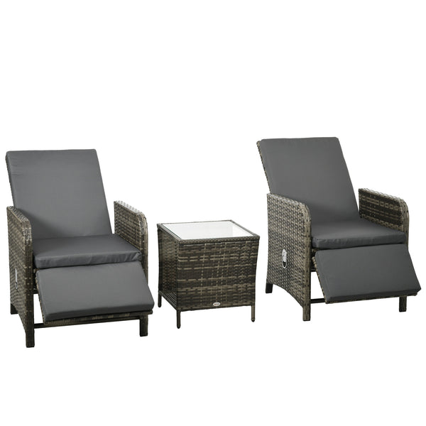 3 Pieces Garden Rattan Bistro Set with Adjustable Backrest, Balcony Conversation Furniture Set with 2 Armchairs Tempered Glass Coffee Table, Cushions, Storage Function - Mix-Grey