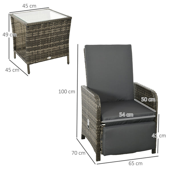 3 Pieces Garden Rattan Bistro Set with Adjustable Backrest, Balcony Conversation Furniture Set with 2 Armchairs Tempered Glass Coffee Table, Cushions, Storage Function - Mix-Grey