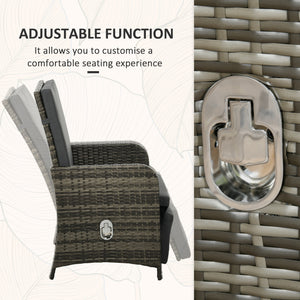 3 Pieces Garden Rattan Bistro Set with Adjustable Backrest, Balcony Conversation Furniture Set with 2 Armchairs Tempered Glass Coffee Table, Cushions, Storage Function - Mix-Grey