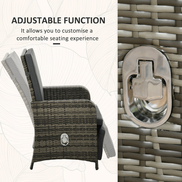 3 Pieces Garden Rattan Bistro Set with Adjustable Backrest, Balcony Conversation Furniture Set with 2 Armchairs Tempered Glass Coffee Table, Cushions, Storage Function - Mix-Grey
