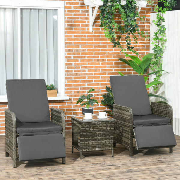 3 Pieces Garden Rattan Bistro Set with Adjustable Backrest, Balcony Conversation Furniture Set with 2 Armchairs Tempered Glass Coffee Table, Cushions, Storage Function - Mix-Grey