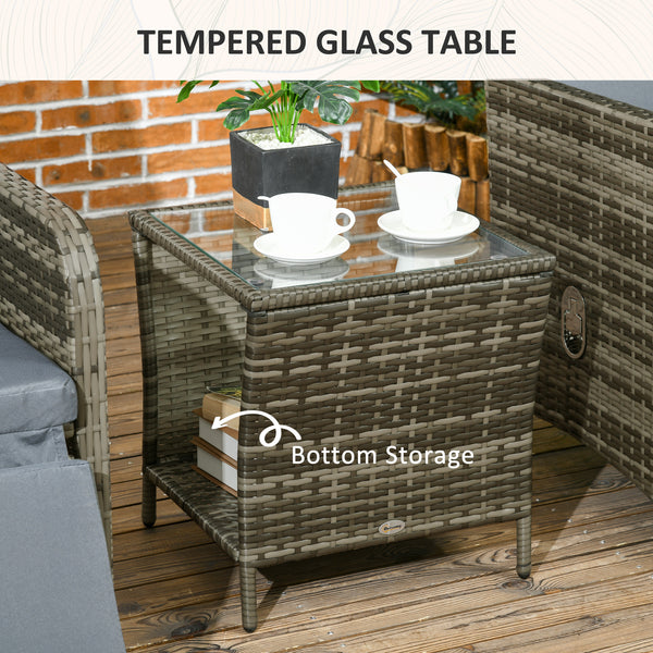 3 Pieces Garden Rattan Bistro Set with Adjustable Backrest, Balcony Conversation Furniture Set with 2 Armchairs Tempered Glass Coffee Table, Cushions, Storage Function - Mix-Grey