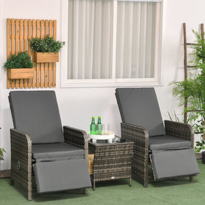 3 Pieces Garden Rattan Bistro Set with Adjustable Backrest, Balcony Conversation Furniture Set with 2 Armchairs Tempered Glass Coffee Table, Cushions, Storage Function - Mix-Grey
