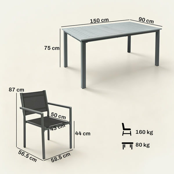 Garden Dining Set with Acacia Wood Table Top, Outdoor Table and Stackable Chairs Set for 6 with Texteline Seat, for Patio, Conservatory, Terrace, Grey