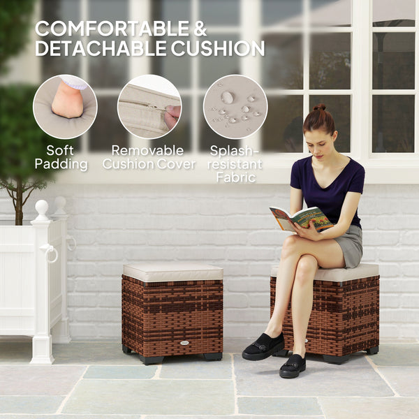 Set of 2 Rattan Storage Ottoman, Outdoor Footstool with Removable Cushions, Garden Storage Seat for Balcony, Poolside, Living Room, Beige