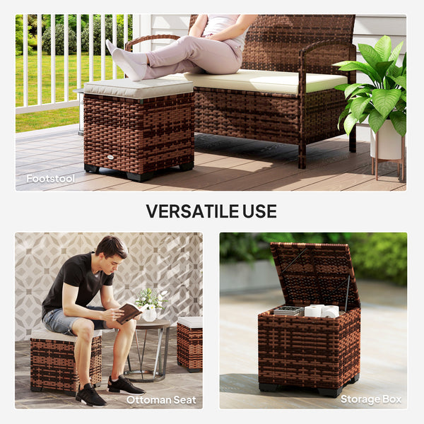 Set of 2 Rattan Storage Ottoman, Outdoor Footstool with Removable Cushions, Garden Storage Seat for Balcony, Poolside, Living Room, Beige